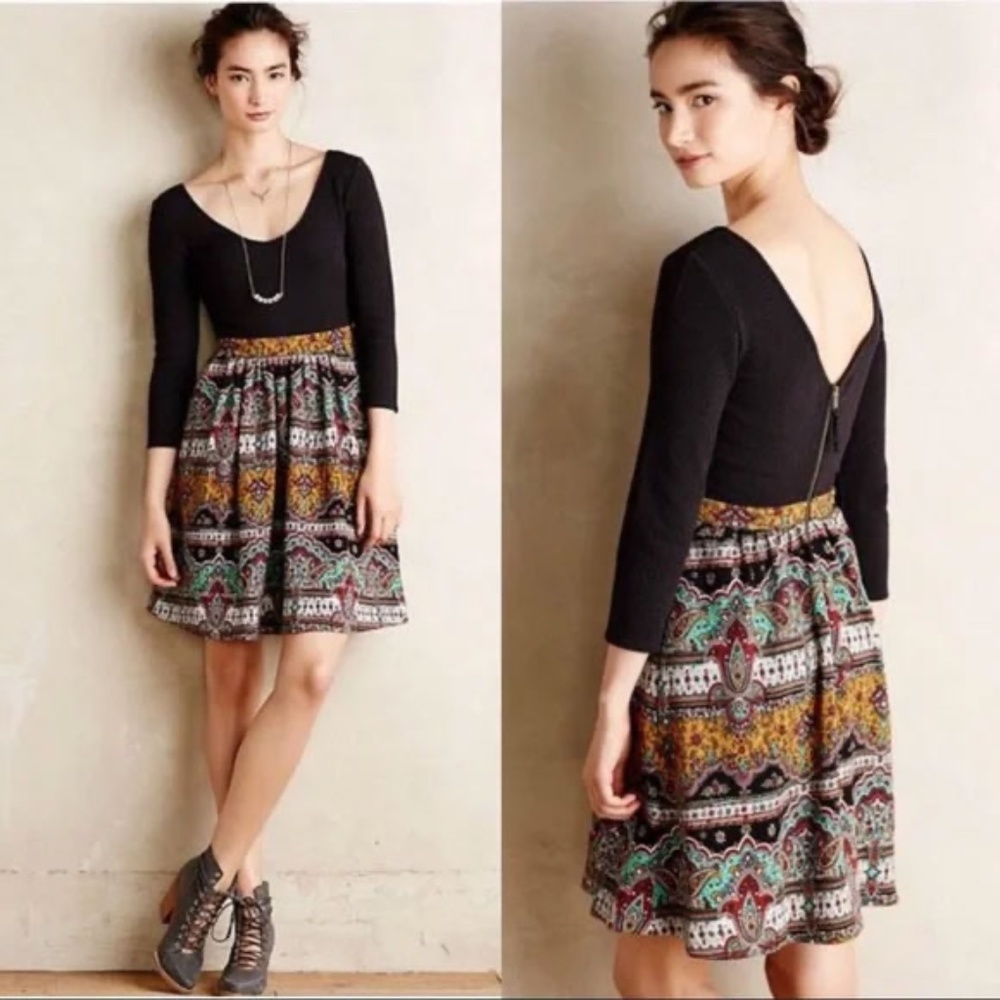 Anthropologie Black and Multicolor Patterned Dress